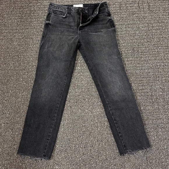 Free People Black Wash Distressed Denim Jeans Straight Leg Raw Hem Size 26 - Picture 2 of 8